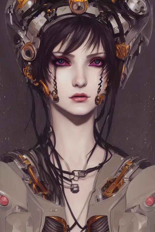 Image similar to portrait of beautiful young gothic cyborg anime maiden. Anime, cyberpunk, Warhammer, highly detailed, artstation, illustration, art Gustav Klimt. Face by Ilya Kuvshinov, cute-fine-face, pretty face, realistic shaded Perfect face, fine details