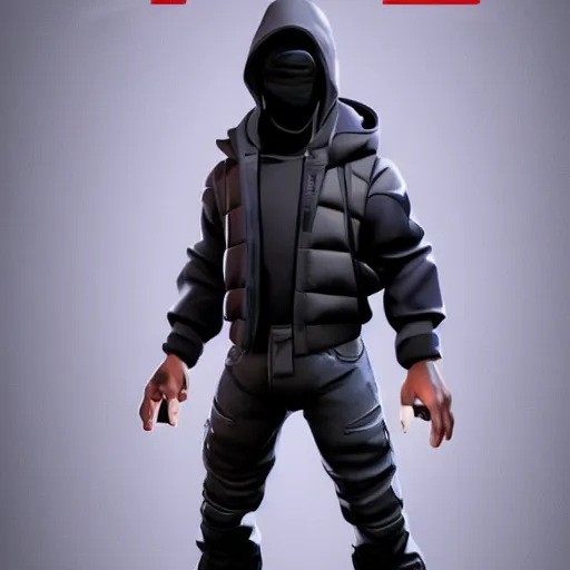 Image similar to fortnite character selection of kanye west using a full face covering black mask, a small, tight, undersized reflective bright red round puffer jacket made of nylon, dark jeans pants and big black balenciaga rubber boots, action figure, 5 points of articulation, full body, 4 k, highly detailed