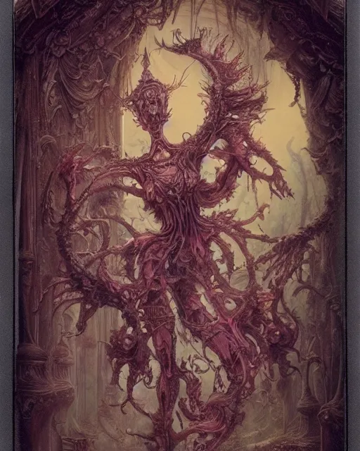 Image similar to a beautiful detailed front view of a dead rotten princess growing ornate baroque, ornamentation, elegant, beautifully soft lit, by wayne barlowe, peter mohrbacher, kelly mckernan, polaroid photography