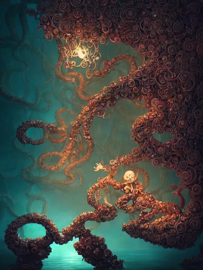 Image similar to macro, candy creature in candyland, water reflection, night, backlit, warm tones, bioluminescent : by michal karcz, daniel merriam, victo ngai and guillermo del toro : ornate, dynamic, particulate, intricate, elegant, highly detailed, centered, artstation, smooth, sharp focus, octane render