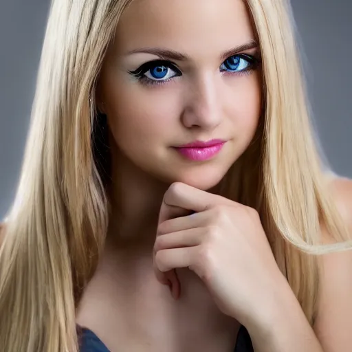 Image similar to portrait of a blonde girl with gaze posing for a professional advertisement, photorealistic, sharp focus, highly detailed. photo taken with a canon eos 8 0 d iso 2 0 0