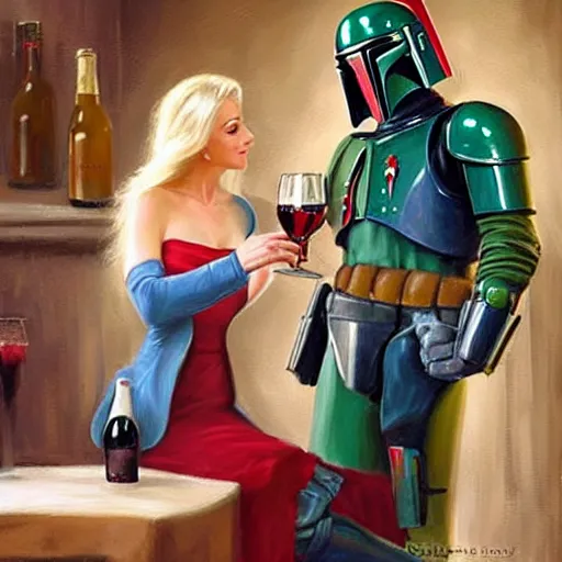 Prompt: blonde woman and Boba Fett drinking beer in a wine cellar, atmospheric, aphrodisiac, romantic, cozy, inviting, love, painting by Vladimir Volegov