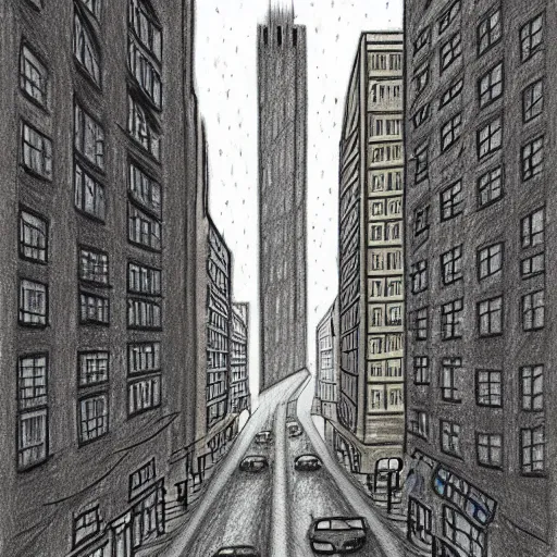 Image similar to a drawing of a city street with a tall building, a storybook illustration by carles delclaux is, behance contest winner, new objectivity, streetscape, storybook illustration, matte drawing