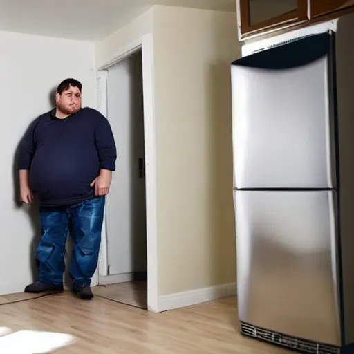 Prompt: obese landlords inspecting tenant refrigerator at night, surveillance camera