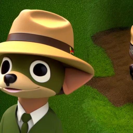 Image similar to park ranger chihuahua, 3 d model, tan and green uniform, tan fedora, brown and white fur, green and tan atv, 3 d model, cartoony, pixar style, artstation, unreal engine, in the rainforest, 4 k, ultra quality