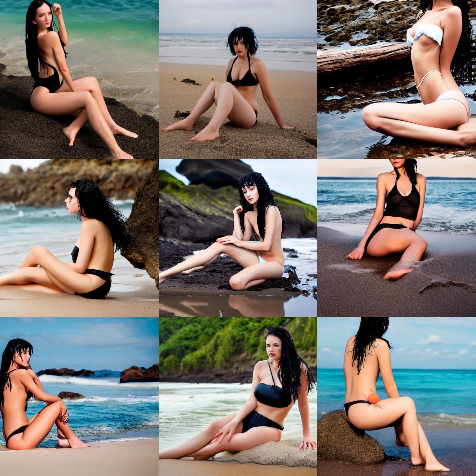 Prompt: very sexy woman with black hair, pale skin, in bikini, wet hair, sitting on the beach, 4 k, photography