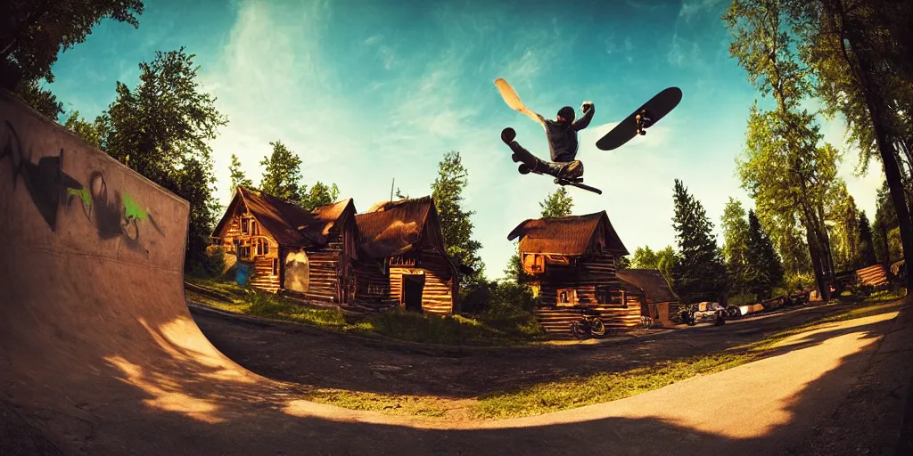 Image similar to a beautiful matte painting of a skateboarder gliding past graffiti, kick flip, village setting, log homes, dirt road, trees, fisheye lens, by Mikko Lagerstedt and Paul Lehr