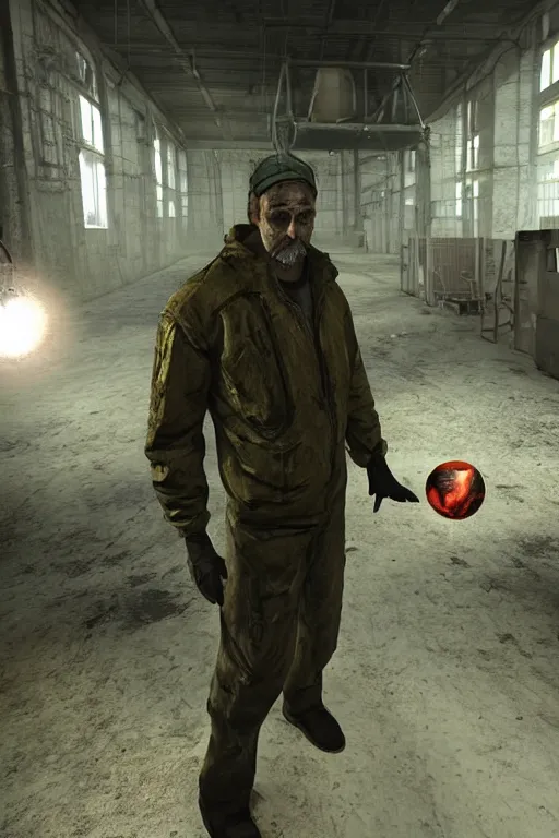 Prompt: a stalker with a detector in his hand from the game s.t.a.l.k.e.r stands next to a translucent luminous sphere in an abandoned factory