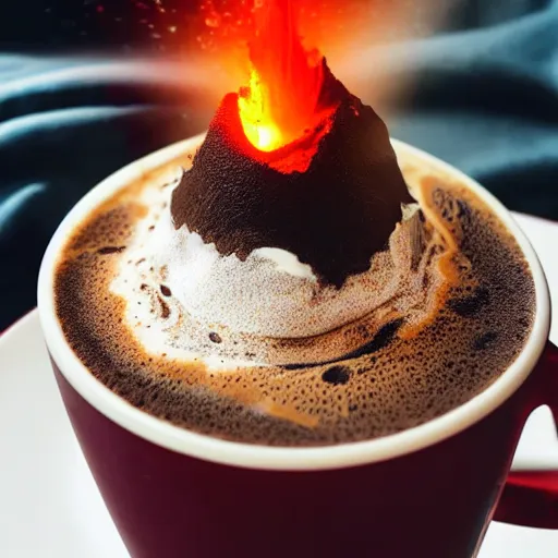 Image similar to coffee cup with a volcano erupting inside of the whipped cream on top of the cup