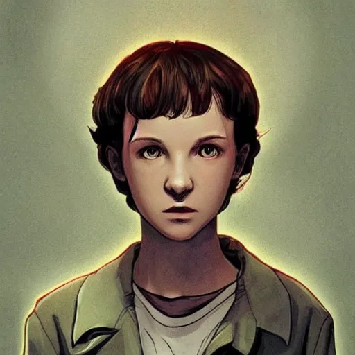 Image similar to portrait of Eleven from Stranger things by Makoto Shinkai and Yoshitaka Amano , character,anime,scene!! , Messy , dark