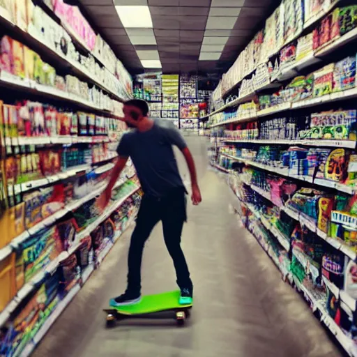 Prompt: A photograph of a guy on a skateboard grinding over the checkout aisle at a Lowe's