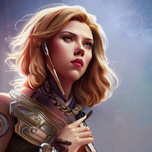 Image similar to Scarlett Johansson as a archer, cute, fantasy, intricate, elegant, highly detailed, centered, digital painting, artstation, concept art, smooth, sharp focus, illustration, art by artgerm and H R Giger and alphonse mucha