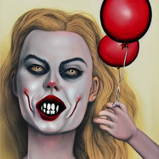 Image similar to grunge cartoon painting of margot robbie with a wide smile and a red balloon by chris leib, loony toons style, pennywise style, corpse bride style, horror theme, detailed, elegant, intricate