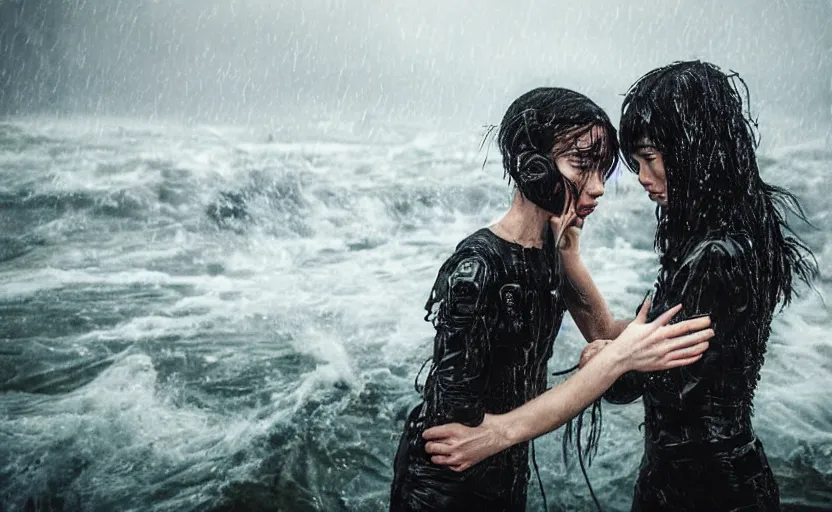 Image similar to cinestill 5 0 d candid photographic portrait by christopher nolan of two loving female androids wearing rugged black mesh techwear in treacherous waters, extreme closeup, modern cyberpunk moody emotional cinematic, pouring rain, 8 k, hd, high resolution, 3 5 mm, f / 3 2, ultra realistic faces, ex machina