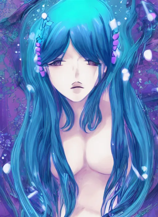 Image similar to a woman with blue hair sitting underwater, a beautiful anime drawing by yuumei, featured on pixiv, rayonism, pixiv, seapunk, anime, detailed