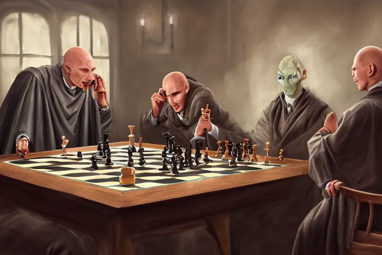 Prompt: A very detailed surreal fantasy painting of Lord Voldemort playing chess against Harry Potter by Manjit Bawa, trending on artstation, 4k.