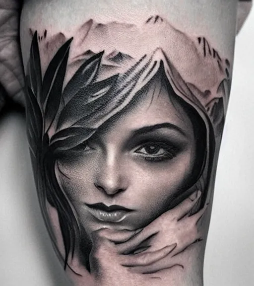 Prompt: tattoo design sketch of a beautiful woman face with a faded background of beautiful mountains and nature on the side, hyper - realistic, in the style of den yakovlev, amazing detail, black and white