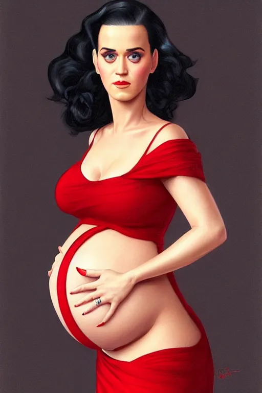 Image similar to pregnant katy perry in a red dress, realistic portrait, symmetrical, highly detailed, digital painting, artstation, concept art, smooth, sharp focus, illustration, cinematic lighting, art by artgerm and greg rutkowski and alphonse mucha