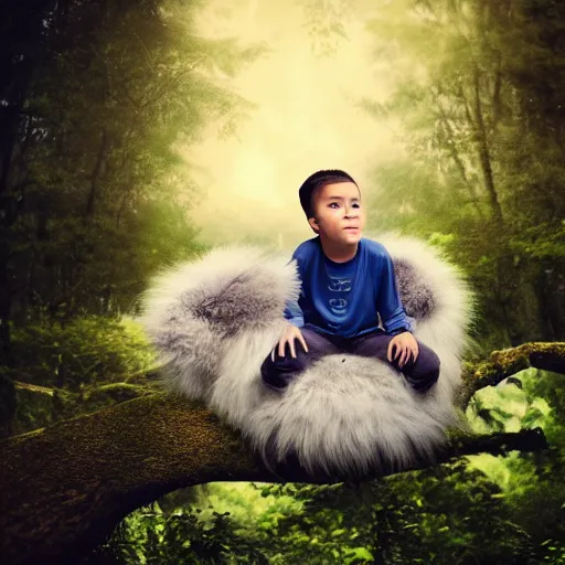 Image similar to young boy on a cute little monster with long fur on a cloud, portrait, pixar style, forest background, cinematic lighting, award winning creature portrait photography