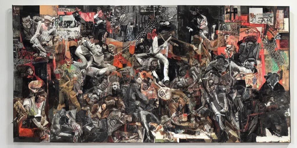 Image similar to mad dog on a chain and gangsters, collage, acrylic on canvas, expressionism movement, breathtaking detailed, by blake neubert