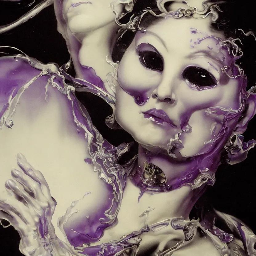 Prompt: a dark baroque close - up portrait of a purple and white porcelain being made out of white liquid sci - fi vitrified translucent ceramic marble ; china. reflective detailed textures. gloomy black background. highly detailed fantasy science fiction painting by moebius, norman rockwell, frank frazetta, and syd mead. rich colors, high contrast. artstation