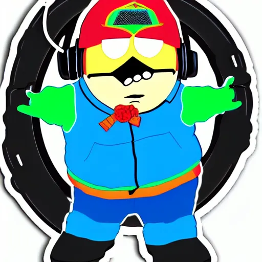 Image similar to svg sticker of a Dancing-Eric-Cartman-Southpark, at a rave, spinning records, giant headphones rocking out, wearing headphones, huge speakers, dancing, rave, DJ, spinning records, digital art, amazing composition, rule-of-thirds, award-winning, trending on artstation, featured on deviantart