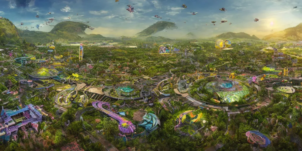 Prompt: central perspective of a smart village with psychedelic solarpunk architecture, big bee, flying cow, surrounded by lush nature, ray - tracing, cinematic lighting, 8 k smooth, vibrant colors, ambient occlusion, hdr, complex, highly atmospheric lighting, highly detailed, alex grey, greg rutkowski, focus, cinematic, concept art, artstation, trending