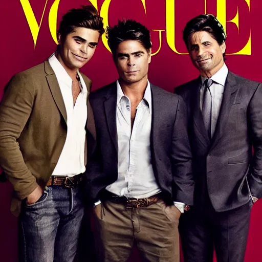 Image similar to portrait of zac efron and john stamos and rob lowe, vogue magazine cover, dramatic light, photoshoot, face photo, detailed, face details sharp,