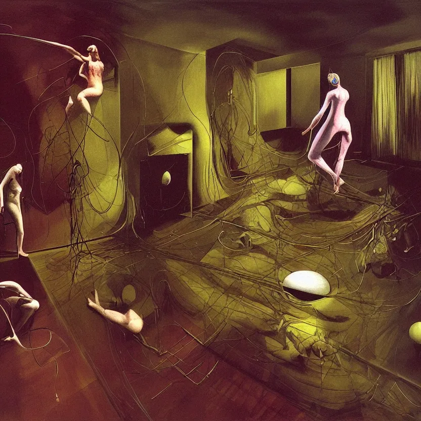 Image similar to Man and woman start to bounce in a living room of a house, floating dark energy surrounds the middle of the room. There is one living room plant to the side of the room, surrounded by a background of dark cyber mystic alchemical transmutation heavenless realm, cover artwork by francis bacon and Jenny seville and beksinski, midnight hour, part by adrian ghenie, part by jeffrey smith, part by josan gonzales, part by boris vallejo, part by norman rockwell, part by phil hale, part by kim dorland, artstation, highly detailed