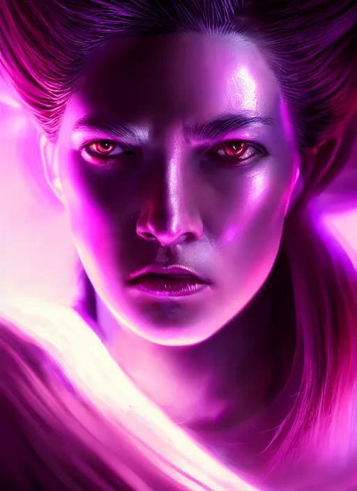 Prompt: top down lighting, extreme close up, stunning portrait of a woman in purple leather future armor with a long black ponytail, purple eyes, glowing with void energy, spaceship hallway, intricate, mood lighting, highly detailed, digital painting, artstation, concept art, smooth, sharp focus, illustration, art by wlop, mars ravelo and greg rutkowski