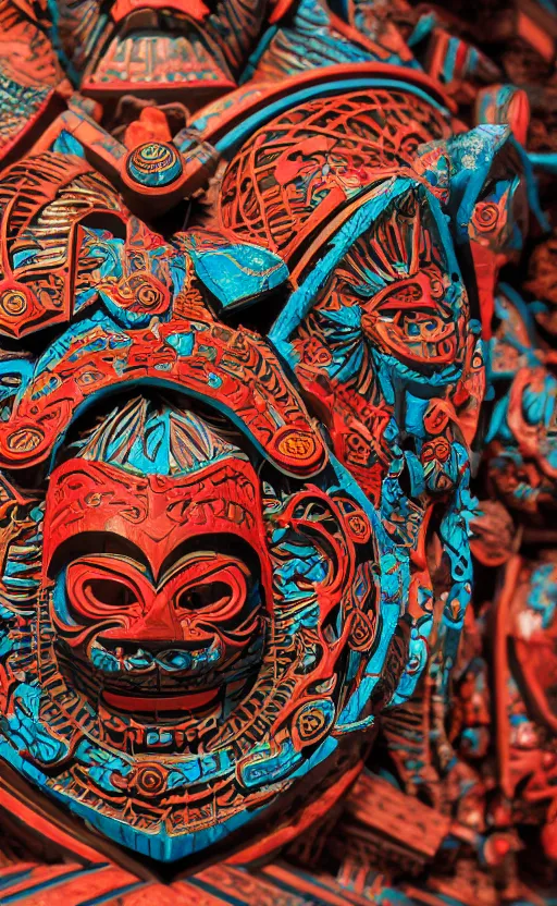 Prompt: a tribal masks, japanese pottery, vivid colors, wood, metal, intricate details, trending on cgsociety, neon background, sharp focus, ultra realistic details, cinematic atmosphere, global illumination, shadows, octane render, 8 k