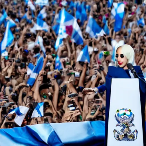 Image similar to Lady Gaga as president, Argentina presidential rally, Argentine flags behind, bokeh, giving a speech, detailed face, Argentina