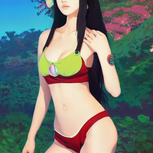 Image similar to a beautiful young japanese natalie portman alluring gravure model, stylized concept art, wearing elegant designer bomber jacket and one piece bikini, bomber jacket with mesoamerican patterns, mesoamerican native street fashion, princess mononoke, painted by ilya kuvshinov aesthetic, gorgeous, stunning, alluring, attractive, artstation, pinterest, digital art