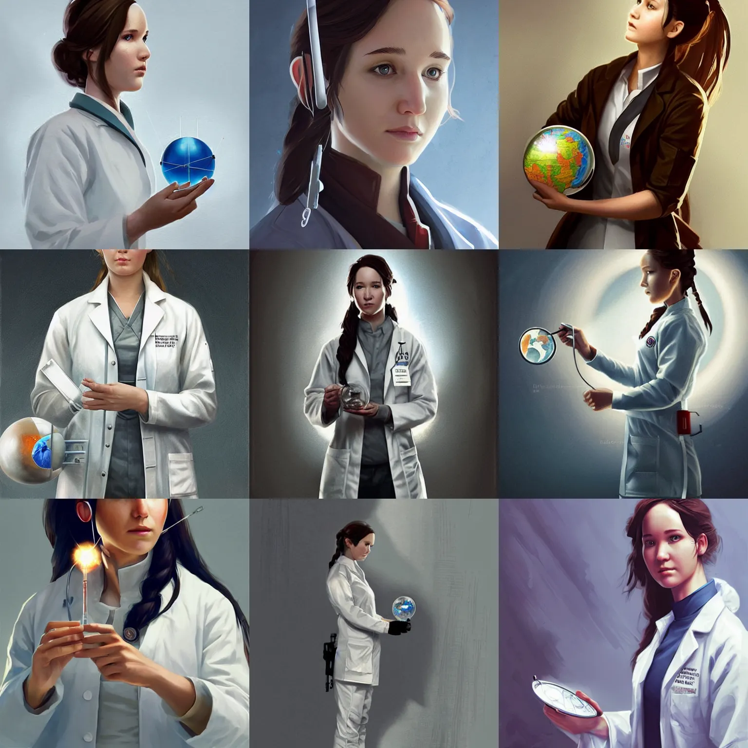 Prompt: a laboratory, ( ( ( ( ( katniss everdeen ) ) ) ) ) as a scientist, wearing a labcoat, is holding a tiny globe, digital art, greg rutkowski, artstation