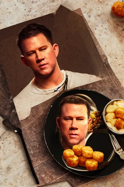 Prompt: a tater tot on a plate with channing tatum face, intricate, 8 k highly professionally detailed, hdr, cgsociety