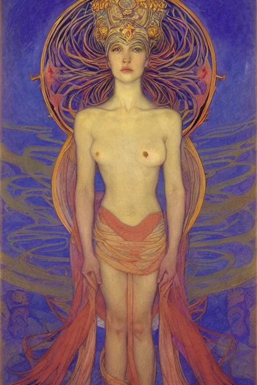 Prompt: goddess of the new moon, by Annie Swynnerton and Nicholas Roerich and jean delville, dramatic cinematic lighting , ornate headdress , flowing robes, lost civilizations, smooth, sharp focus, extremely detailed