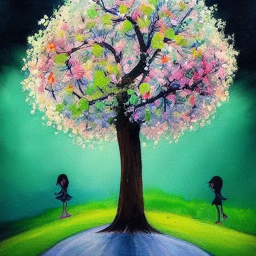 Image similar to a tree that grows around and protects a running girl, the girl cries and her tears feed the tree so it grows beautiful flowers, painting with soft colors, dark optimism