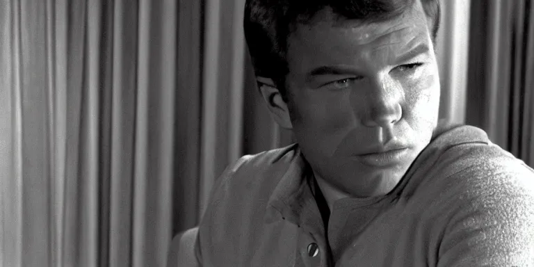 Image similar to photorealistic close up shot cinematography of young william shatner aka james t kirk acting in a twilight zone episode shot on film at magic hour with the sun shining into a large 6 0's hotel lobby room filled with volumetric haze by the shining cinematographer john alcott on a cooke panchro 6 5 mm macro lens.