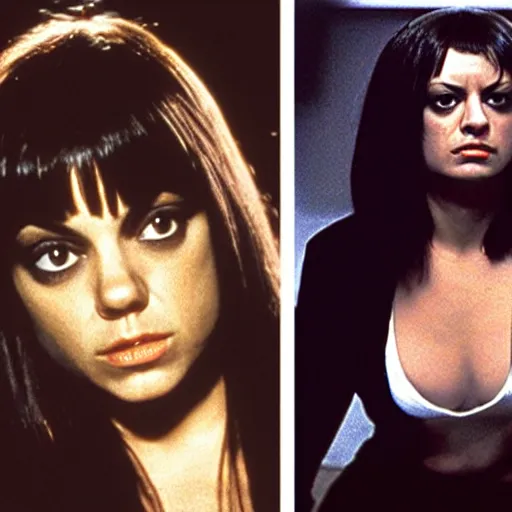 Prompt: Mila Kunis as Mia Wallace in Pulp Fiction