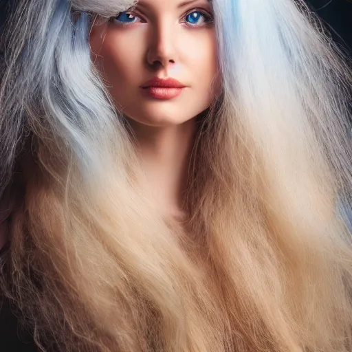 Image similar to a beautiful portrait of a woman with long blue Golden hair, studio camera setup, ultra realistic photo