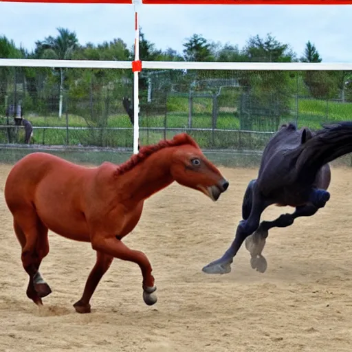 Image similar to horses and a velociraptors playing volleyball