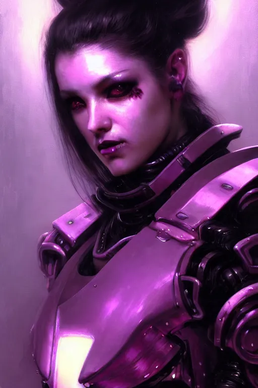 Image similar to extreme close up, facial portrait, woman with a long black ponytail in purple sci - fi armor, kitsune inspired armor, bionic leather armor, small neon lights on armor, cybernetic hands, stoic, grim dark, moody, portrait dnd, painting by gaston bussiere, craig mullins, greg rutkowski, yoji shinkawa