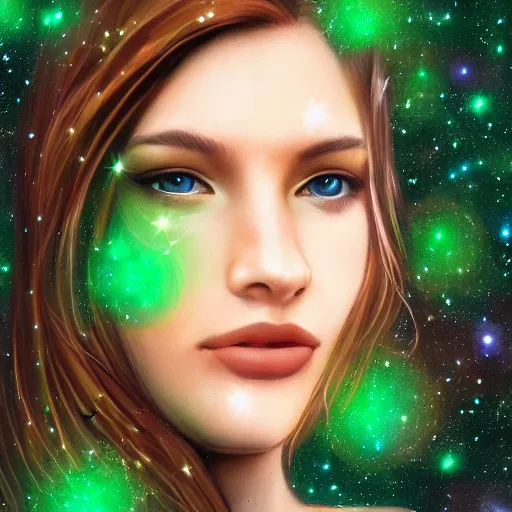 Image similar to an hd photo of a young woman with brown hair, green eyes, beautiful trees in the background, night sky with multicolor stars and galaxies, trending on artstation