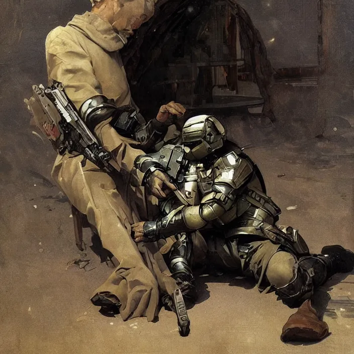 Prompt: an android soldier sits on a bench as an intense battle rages behind him, he is sad, hunched shoulders, detailed concept art by caravaggio and greg rutkowski and alphonse mucha and norman rockwell