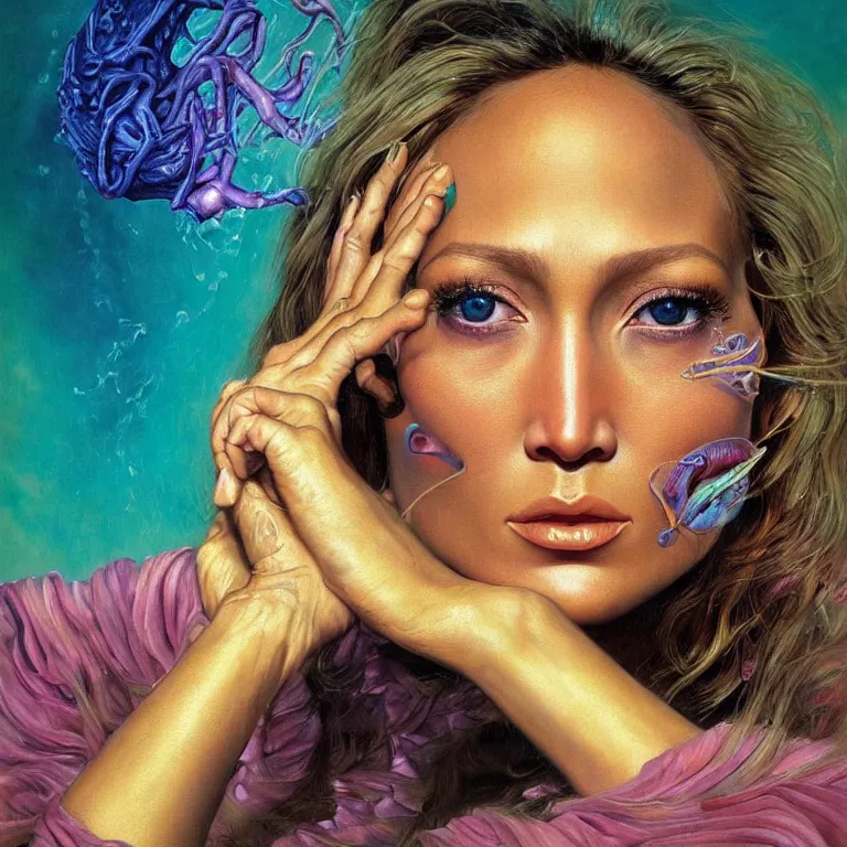 Prompt: Hyperrealistic intensely colored close up studio Photograph portrait of a deep sea bioluminescent Jennifer Lopez, beautiful face realistic proportions, sitting in a lawn chair in her back yard, award-winning portrait oil painting by Norman Rockwell and Zdzisław Beksiński vivid colors high contrast hyperrealism 8k