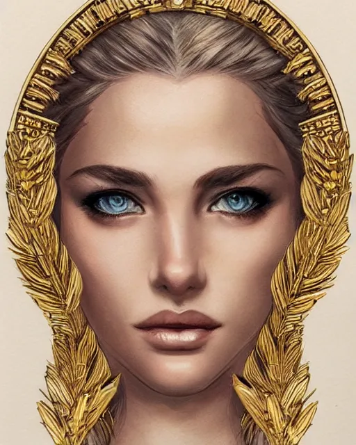 Image similar to tattoo design sketch of cute beautiful blonde super model as aphrodite greek goddess wearing a gold laurel wreath and triangle earrings, beautiful piercing gaze with sharp pupils, in the style of greg rutkowski, fantasy, amazing detail, epic, elegant, smooth, sharp focus, front view