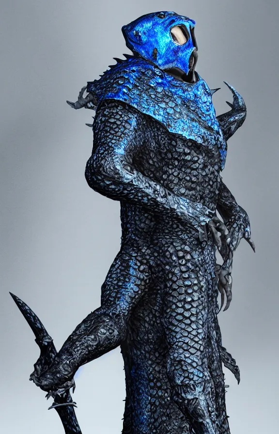 Image similar to detailed hypperrealistic artstation render, full body front view of a scaly black cloaked man, wearing a metallic blue squid mask. he holds in his clawed hands horizontally a large knights steel greatsword, in addition tentacles emerge from his back like wings