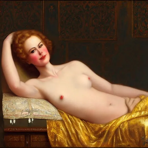 Image similar to beautiful_golden_portrait_of_a_Nicole_Kidman_a s_Grand Odalisque_intricate_oil_paintingby Jo hn_William_Godward_by_Anna_Dittman_by J-H 768-C9.0