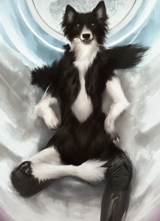 Image similar to wide angle beautiful full body portrait of a cute male anthropomorphic anthro border collie fursona sitting in a parlor room, character design by charlie bowater, henry asencio, and ross tran, disney, scenic background, detailed, aesthetic, trending on artstation, furaffinity, deviantart