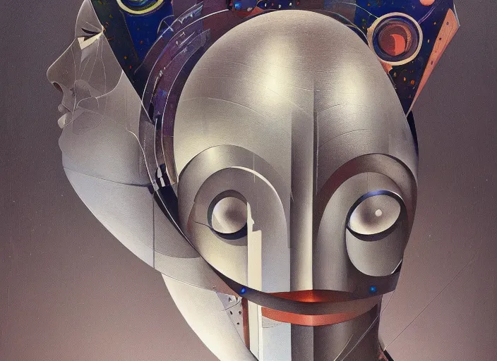 Image similar to a portrait headshot of sci fi metallic human, bright eyes, melancholic complex geometric figure liminal machinery by oskar schlemmer, moebius, john berkey, teamlab, oil on canvas, portrait facial head, featured on artstation, hd wallpaper